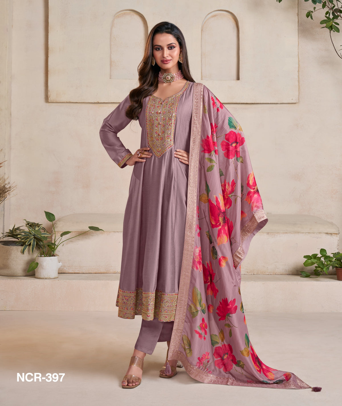 Lavender Embroidered Anarkali Set