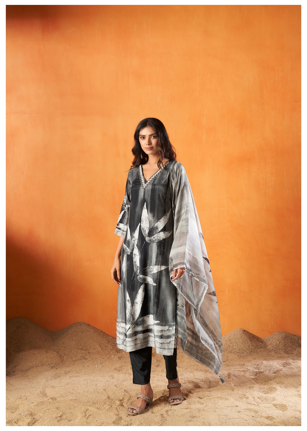 Black Printed Crape Straight Kurta Set
